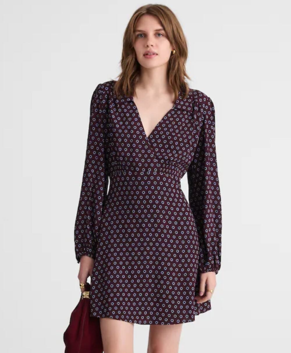 Madewell Puff Sleeve Wrap Shirt Dress 6 NWT Dark Brown Floral Blue NY268 Western